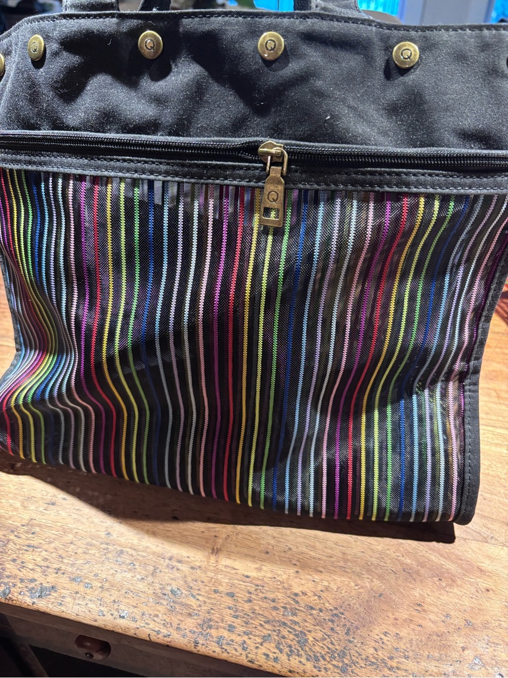 Dell Black Tote with Multicolored Vertical Stripes